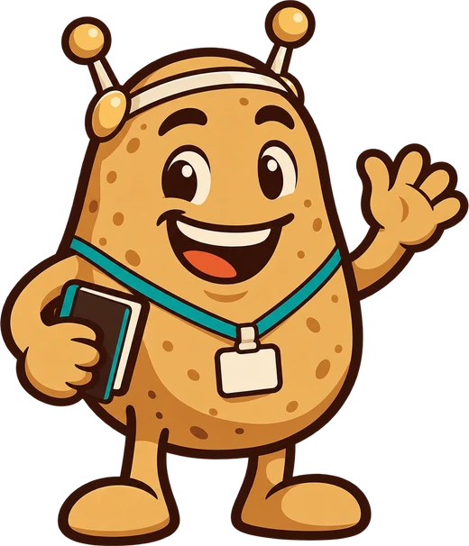 Spudnik, a friendly potato with antennae, a lanyard and a notebook, waving